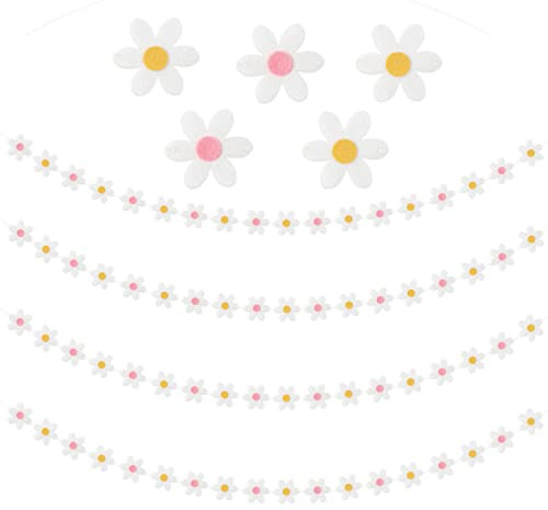 A1DIEE 4Pcs Groovy Daisy Flowers Felt Banner Retro Hippie Boho Garland Bunting Ornaments Daisy White Flowers Hanging Banner for Room Decoration Holiday Photography Background Birthday Party Supplies