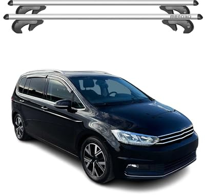 Menabo Dachträger Grundtäger kompatibel mit VW Touran mk2 2015-2020 Pre-FL Aluminium 90kg Silber 2tlg Offene Reling für Fahrradträger, Dachboxen, Skiträger Abschließbar