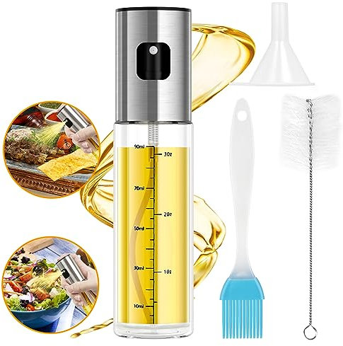 Pulverizador Aceite Spray Uktunu 100 ml 304 Acero inoxidable Spray Aceite Cocina con Escala para Freidora de Aire con Embudo,Cepillo de aceite,Pincel Adecuado para cocinar,Asar a la Parrilla,ensaladas