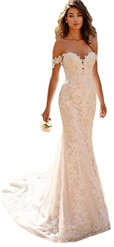 TSxuelian Abiti da sposa da donna con spalline scoperte, in pizzo, effetto sirena, con scollatura a cuore, gonna a spazzola, in tulle, da sposa, stile Boho, 46