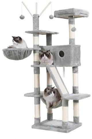 Hey-brother Katzenbaum, 155 cm Katzenturm für Indoor-Katzen, Katzenhaus mit gepolstertem Plattformbett, Spielzeugbälle, große gemütliche Wohnung, Hängematten und Sisal-Kratzstämme, Hellgrau MPJ019W
