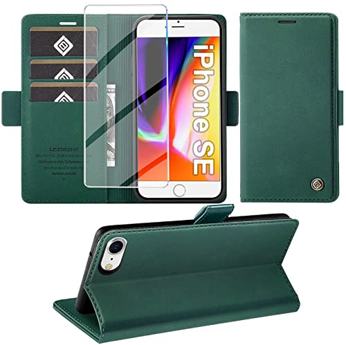 Giyer Handyhülle für iPhone SE 2022/2020 iPhone 8/7 Hülle mit Schutzfolie, Standfunktion Kartenfach Wallet Premium Leder Schutzhülle iPhone 7/8/SE 4.7 Zoll Flip Case Cover Stoßfeste Klapphülle (Grün)