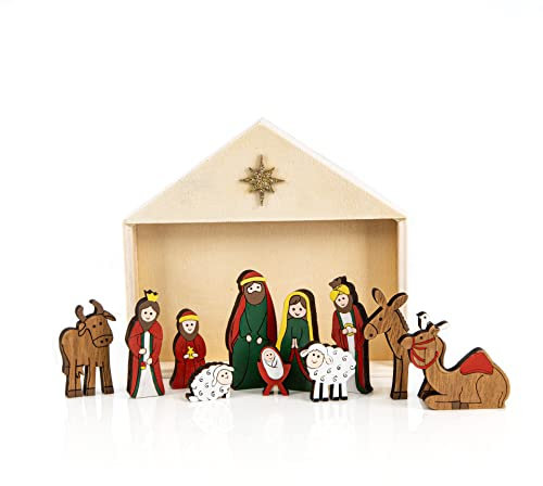 Logbuch-Verlag Weihnachtskrippe Heilige Familie im Stall - Bunte Krippenfiguren kindliche Krippe 12-teilig aus Holz