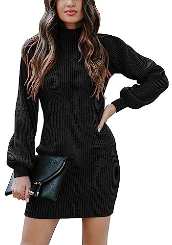 Timuspo Women's Turtleneck Jumper Dress Casual Long Sleeve Ribbed Knitted Elasticity Slim Bodycon Mini Sweater Dresses