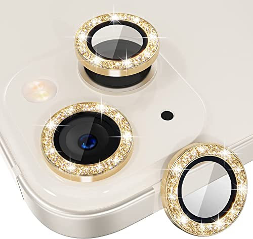 EKAM Camera Lens Protector for iPhone 13 Mini 5.4-Inch and iPhone 13 6.1-Inch 9H Tempered Glass Aluminum Alloy Metal Individual Ring Cover HD Clear Bubble Free Protection (Glitter Gold)
