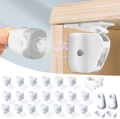 Magnetische Schrankschlösser für Kinder (20 Schlösser und 2 Schlüssel), Babysicherung, Schrankschlösser mit Beleuchtungsfunktion, passend für die meisten Schränke und Schubladen (20 + 2)