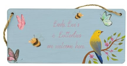 Hängendes Gartenschild aus Sperrholz: Vögel, Bienen und Schmetterlinge Willkommen hier! Holzdekoration | Bunte Gartendekoration
