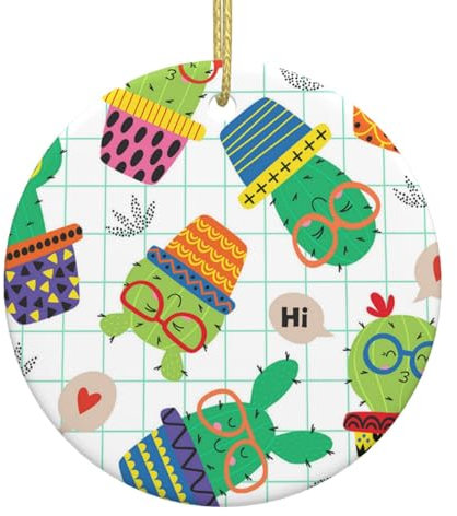Cercle blanc en céramique à suspendre pour sapin de Noël boules de Noël mignon cactus dans des verres Ornement de Noël pour fête festive Nouvel An