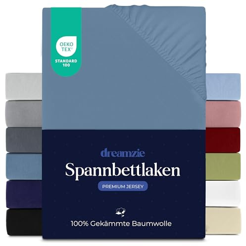 Dreamzie - Spannbettlaken - 180x200cm - 100% Gekämmte Baumwolle - Jersey | Blau · Leintuch mit Rundumgummi · Spannbetttuch bis 27cm Steghöhe · Oeko-Tex zertifiziert · Premium · Einzelbett