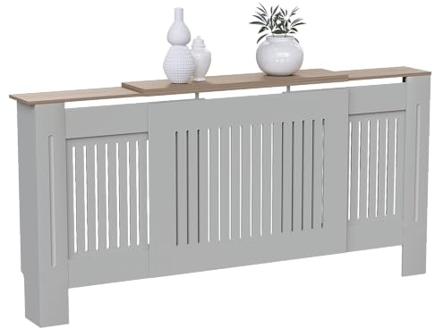 Vida Designs Arlington Cache-radiateur Olive Grey - Ajustable - Style Shaker Moderne à Lattes Verticales - H83xW140-204xD19cm - MDF Peint Idéal pour Salon et Couloir
