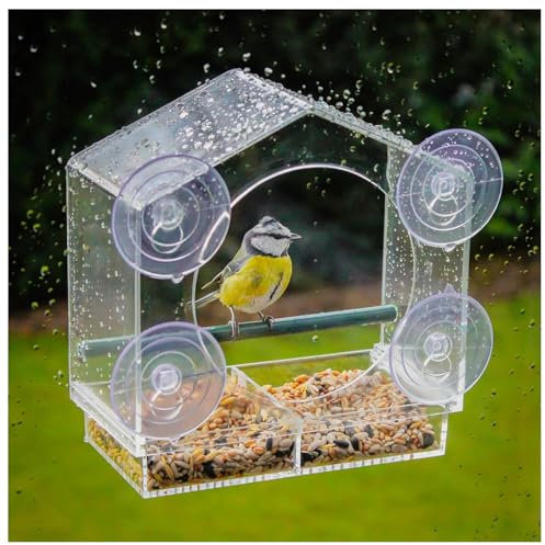 Vogelfutterstation mit transparentem Fenster, starke Saugnäpfe mit Abflusslöchern, Vogelfutterspender für den Außenbereich, abnehmbares Tablett, Fensterbank, Vogelfutterstation, Typ A