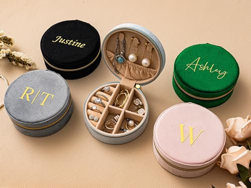 Boîte à bijoux de voyage ronde personnalisée en velours peluche, mini boîte à bijoux de voyage, cadeau pour fille et femme