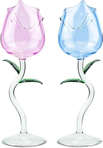 2 Stück Weingläser in Rosenform, Rosen blumen kelch Wein Saft Glas für Rotweinglas Cocktailglas, Rosenkelch Set für Geschenke/Party/Abendessen/Hochzeit/Trinkgeschirr (Rosa und Blau, 280ml)