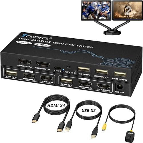 TCNEWCL KVM Switch 2 Monitors 2 Computers, 4K@60Hz Dual Monitor KVM Switch for 2 PC Share 2 Monitor 3 USB 2.0 Hub, Support Extended/Copy Mode with 4 HDMI Cables+2 USB Cable and Desktop Controller