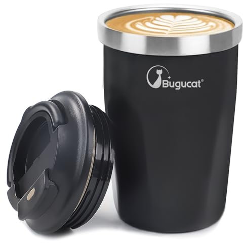 Bugucat Tazza termica da caffè da go, 400 ml, in acciaio inox, a prova di perdite, con coperchio, riutilizzabile, da viaggio