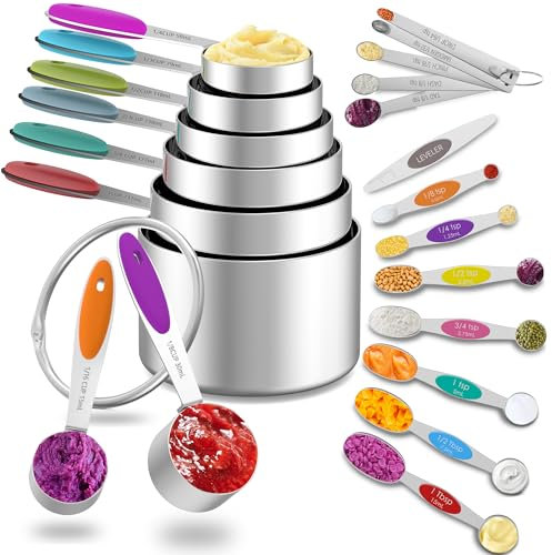 Minteem Juego de tazas medidoras y cucharas medidoras magnéticas, 8 tazas medidoras de acero inoxidable con marcas fáciles de leer, 8 cucharas medidoras apilables de doble cara y 1 nivelador, 5 mini