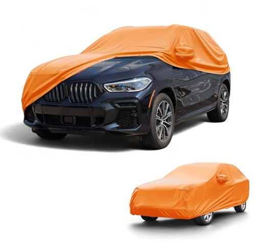 Partuto Car Cover Waterproof All Weather Automotive Outdoor Anti-UV Full Exterior Cover for BMW X5 Aluminum Film Orange with Left Side Zipper