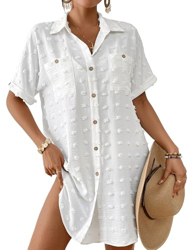 Bsubseach Women Button Down Beach Shirt Cover Up White S