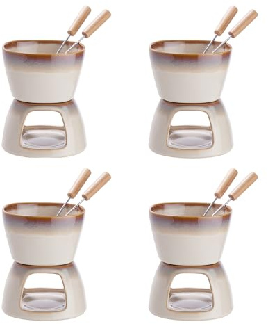 BUTLERS 4er Set Schokoladenfondue 420 ml Keramik - AU CHOCOLAT - | Farbe Beige - reaktive Glasur mit Mustern - Gabeln mit Bambusgriffen - robustes Set für Schokolade & Käse