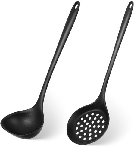 Suppenkelle und Schlitzlöffel aus Silikon, 2 antihaftbeschichtete Küchenutensilien, hochhitzebeständiger Schaumlöffel zum Mischen, Servieren, Braten, Abtropfen lassen, Wenden, Rühren
