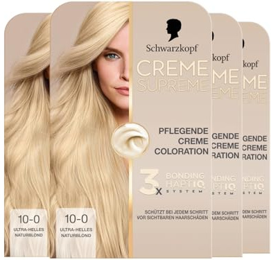 Schwarzkopf Creme Supreme Coloration 10-0 Ultra-Helles Naturblond (4x 182 ml), dauerhafte Haarfarbe mit Serum und Haar-Maske schützt vor sichtbaren Haarschäden, für 100% Grauabdeckung