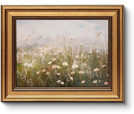HUARCEY Gold Framed Vintage Wall Art for Living Room Wildflower Field Landscape Decor Aesthetic Mother Day Gift for Mom Oil Painting Flower Wall Print Floral Pictures Canvas Artwork Shelf Decor 8x10in