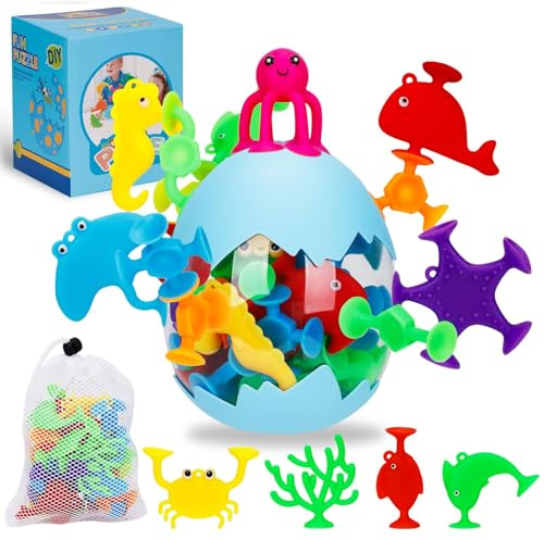 USHOP Saugnapf Spielzeug,30 Stück Montessori Spielzeug Badewannenspielzeug ab 3 Jahre,Sensorisches Sauger Spielzeug,Silikon Bausteine Spielzeug für 3 4 5 6 7 Jahre Jungen Mädchen