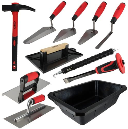 Kit 11 outils maçonnerie - 4 truelles - Taloche - platoir - Auge 10L - Fer à bordure - Torsadeuse fil de fer - Marteau - Burin