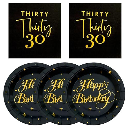 Black and Gold 30th Birthday Party Decoration Napkins and Plates,Women and Men 30th Birthday Supplier Disposable Paper Plates Napkins Favors Serves 20