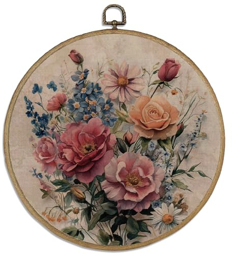 DELORIGIN Runde Leinwandbild Wanddekor Im Vintage Mit Blumenmuster 10 Kunstdruck Wanddeko Wandkunst Bohemian Wanddekoration Hängende Wandbilder Für Zimmer Esszimmer Schlafzimmer Wohnzimmer Balkon