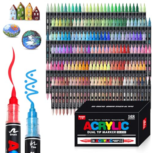 VAKKI Acrylic Markers Lot de 168 marqueurs acryliques à double pointe pour coloriage pour adultes, marqueurs acrylique, pierre, calligraphie, bois, toile, verre, céramique