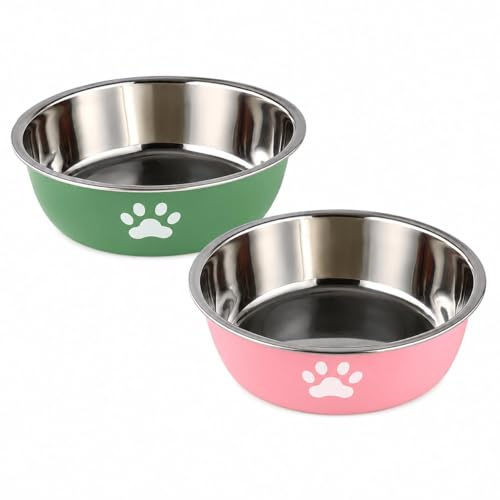 Dog Bowls 2 Pack, 450ml Stainless Steel Dog Food and Water Bowls with Non Slip Rubber Base, Small Dog Bowl Set for Puppies, Cats and Small Pets, Easy to Clean, Pink and Green