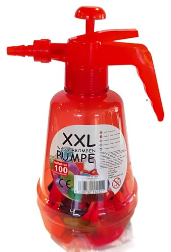 XXL Wasserbomben Pumpe inkl. 100 Wasserbomben Rote Flasche Ballons in bunten Farben Pump Druck-Flasche