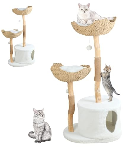 Torre de árbol para gatos, moderno árbol para gatos grandes, torre de madera maciza resistente con 2 cestas y poste rascador, torre de escalada grande para gatos de interior (amarillo)