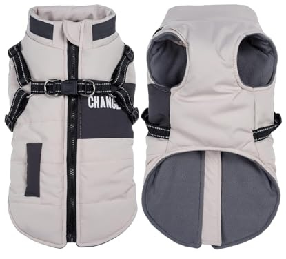 Hundejacke für kleine mittelgroße Hunde, Warmer winddichter Winter Hundemantel mit Geschirr, Haustier Hunde Welpen Outdoor Skifahren Jacken Weste Kostüm (Weiß, S)