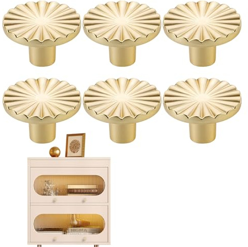 Othrion 6 PCS Brushed Gold Cabinet Knobs,Brass Solid Round Dresser Drawer Gold Drawer Handles,Simple Door Kitchen Hardware Cupboard Knobs Cabinet Hardware for Dresser Drawers