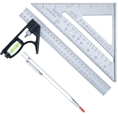 3 Pcs Combination Square Set, Carpenters Square Tool, 12 Inch Combination Triangle Ruler with Spirit Level and 45-90 Degree Marking, 7 Metric Speed Squares with Marking Pen for Accurate Measurement