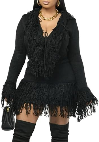 Tbahhir 2 Piece Sweater Skirt Set for Women Fall Long Sleeve Fringe Sweaters Tops and Bodycon Tassel Mini Dress Outfits