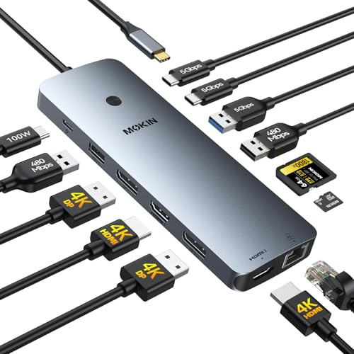MOKiN Estación de acoplamiento USB C adaptador de monitor triple para Windows, HDMI dual 4K, DisplayPort, VGA, carga PD de 100 W, Gigabit Ethernet, 3 USB 3.0, hub USB-C para laptop y Mac