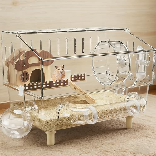 Hamsterkäfig, Nagerkäfig, Kleintierkäfig, Trainingshaus, Acryl, transparent | tragbarer Aufbewahrungs-Spielplatz, Hamster-Rad-Gehege für Zuhause, Reisen, 43*30*34cm