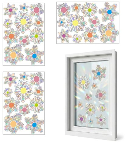 BCHMN 33 stycken fönsterdekorativa blommor, fönsterbilder regnbågseffekt för fågelskydd, statiskt självhäftande antikollision klistermärken för glas och fönster