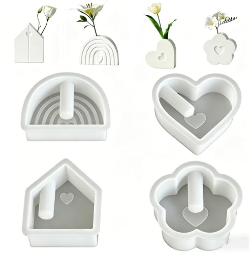 4 Pcs Stampi in Resina Epossidica per Forma del Fiore,Cuore,Casa Arcobaleno | Stampi in Silicone Stampo Portacandela Mini Vaso per Candele, Epossidica e Gesso Fai da Te