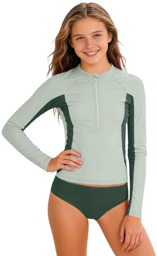 Traje de baño protector para camiseta de manga larga pequeña con pantalones de bikini triángulo traje de baño de 2 piezas para, verde, 13-14