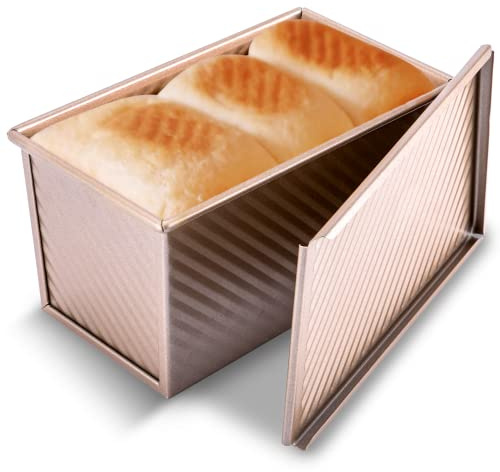 KITESSENSU Pullman Loaf Pan with Lid, 1 lb Dough Capacity Non-Stick Bakeware for Baking Bread, Carbon Steel Corrugated Bread Toast Box Mold with Cover for Baking Bread, Gold