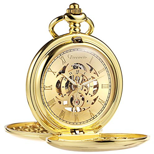 TREEWETO Mekanisk fickur för män vintage steampunk smidig dubbel fodral romerska siffror klocka för män kvinnor med kedjelåda, Guld, Klassisk