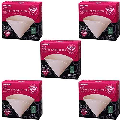 Hario 5 X V60 Size 02 100-Count Boxed Coffee Natural Paper Filters, 5 Boxed Value Set (Total of 500 Sheets)