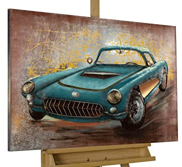 KunstLoft Metallbild 3D | 100% HANDGEFERTIGT | 90x60x5cm | Wandbild Metall Deko 'Vintage Traum' | Autos Technik | Blau Braun | Metall Wanddeko Wohnzimmer