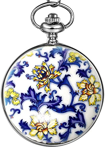 Zolohoni Montre de poche mécanique en acier inoxydable avec cadran squelette rétro avec chaîne pour femme, Bleu et jaune, Full Hunter, Mécanique