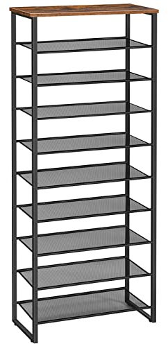HOOBRO Schuhregal mit 10 Ebenen, Schuhschrank hoch, 60cm Schuhablage schmal, Schuhaufbewahrung, für 22-30 Paar Schuhe, Platz sparen, für Flur, Wohnzimmer, Vintagebraun-Schwarz EBF601XJ01
