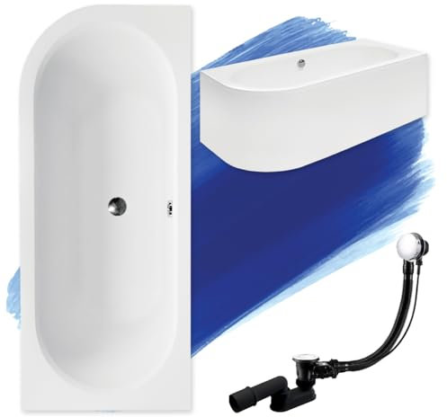 BADLAND Original Badewanne 180x80 cm Rechts Acryl KOMPLET KOMPLETTSET SET Schürze Siphon Wanne Eckwanne Ecke Eckbadewanne Weiß Design Modern Ablaufgarnitur in Chrom für 2 Personen Made in EU 4in1